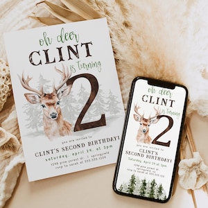 May include: A digital and printed invitation for a second birthday party. The invitation features a watercolour illustration of a deer in a forest setting with the text "Oh deer Clint is turning 2" and party details.