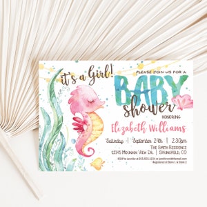 Under the Sea Baby Shower Invitation, Seahorse Invite, Templett editable DIGITAL download - os1
