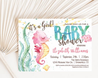 Under the Sea Baby Shower Invitation, Seahorse Invite, Templett editable DIGITAL download - os1