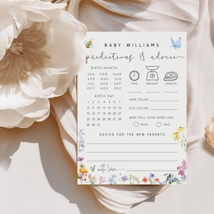 BabypartyVorhersagen und Ratschläge Karte, Baby in Blüte, Wildblumen Thema, bearbeitbare Vorlage, Corjl - wf1