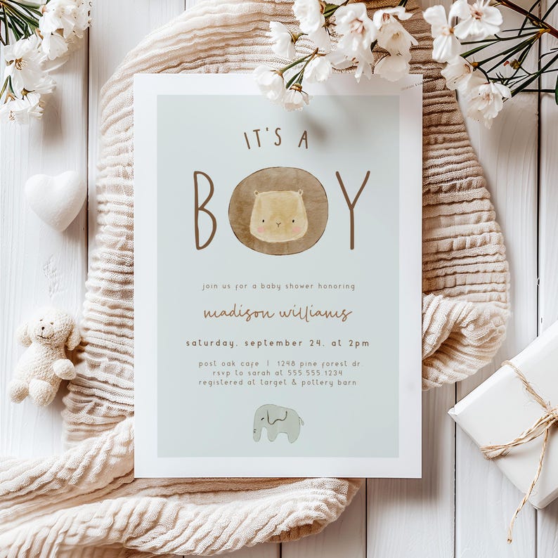 Safari Baby Shower Invitation Boy, Lion Editable Template DIGITAL