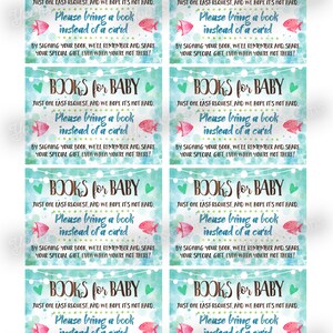 Peut inclure: Six &eacute;tiquettes de faveur de baby shower bleu turquoise et blanc avec un motif aquarelle de poissons roses et orange. Le texte sur les &eacute;tiquettes est "Livres pour b&eacute;b&eacute;. Une derni&egrave;re demande, et nous esp&eacute;rons que ce n'est pas difficile. Veuillez apporter un livre au lieu d'une carte. En signant votre livre, nous nous souviendrons et partagerons votre cadeau sp&eacute;cial, m&ecirc;me lorsque vous n'&ecirc;tes pas l&agrave; !"