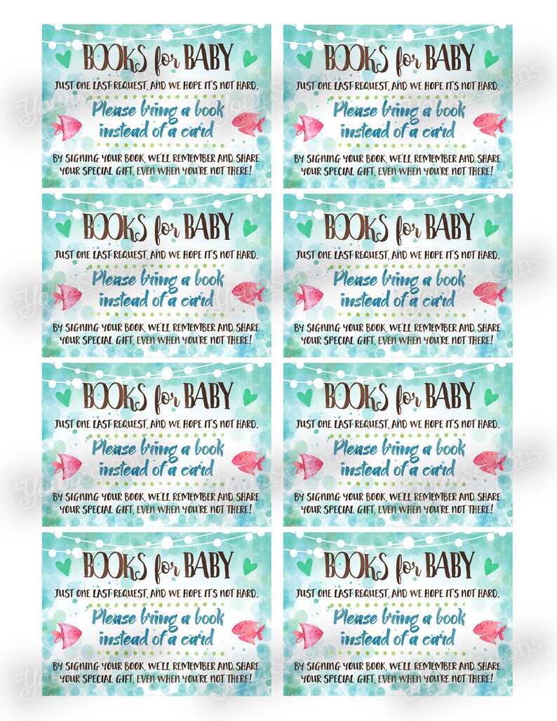 Peut inclure: Six &eacute;tiquettes de faveur de baby shower bleu turquoise et blanc avec un motif aquarelle de poissons roses et orange. Le texte sur les &eacute;tiquettes est "Livres pour b&eacute;b&eacute;. Une derni&egrave;re demande, et nous esp&eacute;rons que ce n'est pas difficile. Veuillez apporter un livre au lieu d'une carte. En signant votre livre, nous nous souviendrons et partagerons votre cadeau sp&eacute;cial, m&ecirc;me lorsque vous n'&ecirc;tes pas l&agrave; !"