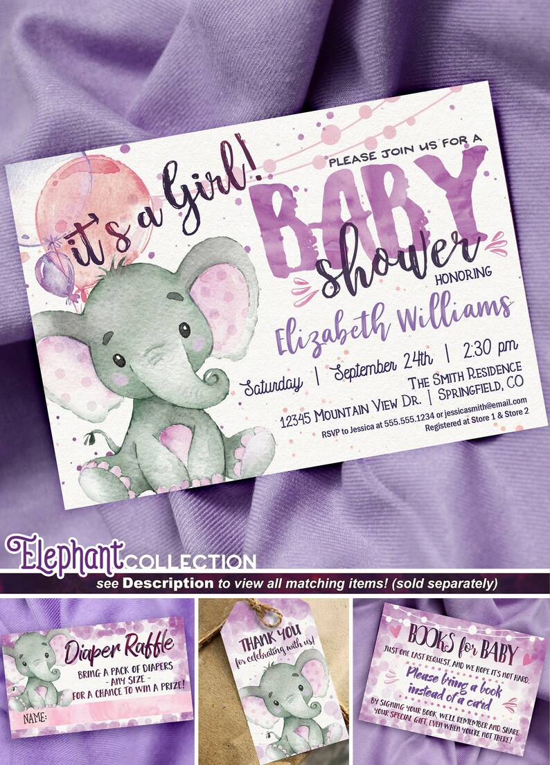 Purple Elephant Baby Shower Invitation Girl Lavender Etsy Purple Elephant Baby Shower Invitation Girl Lavender Etsy