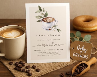 Coffee Theme Baby Shower Invitation: A Baby is Brewing (Digital Download, Editable Template)