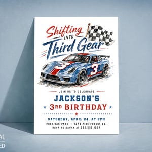 May include: A birthday invitation card featuring a watercolor illustration of a blue and red race car with the number 3, a checkered flag, and the text Shifting into Third Gear, Jackson's 3rd Birthday, Saturday, April 24, at 2pm, Post Oak Park.
