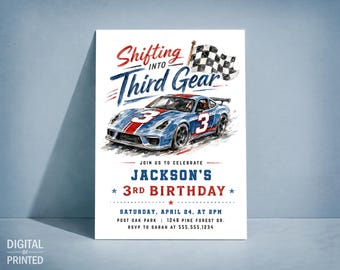 Shifting Into 3rd Gear Birthday Invitation Boy, Race Car Digital Invite or Printed