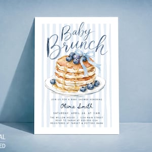 Blueberry Baby Brunch Invitation, Pancakes Boy Baby Shower Digital Invite or Printed