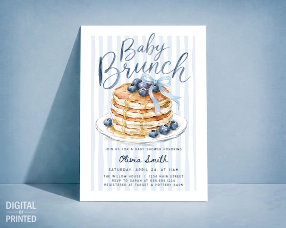 Blueberry Baby Brunch Invite, Pancakes Boy Baby Shower Digital Invitation or Printed