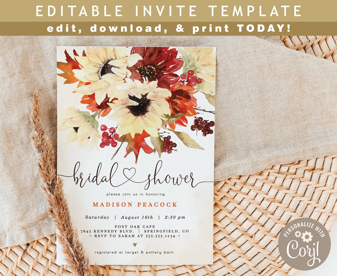 Fall Bridal Shower Invitation 5x7 invite INSTANT DOWNLOAD image 1