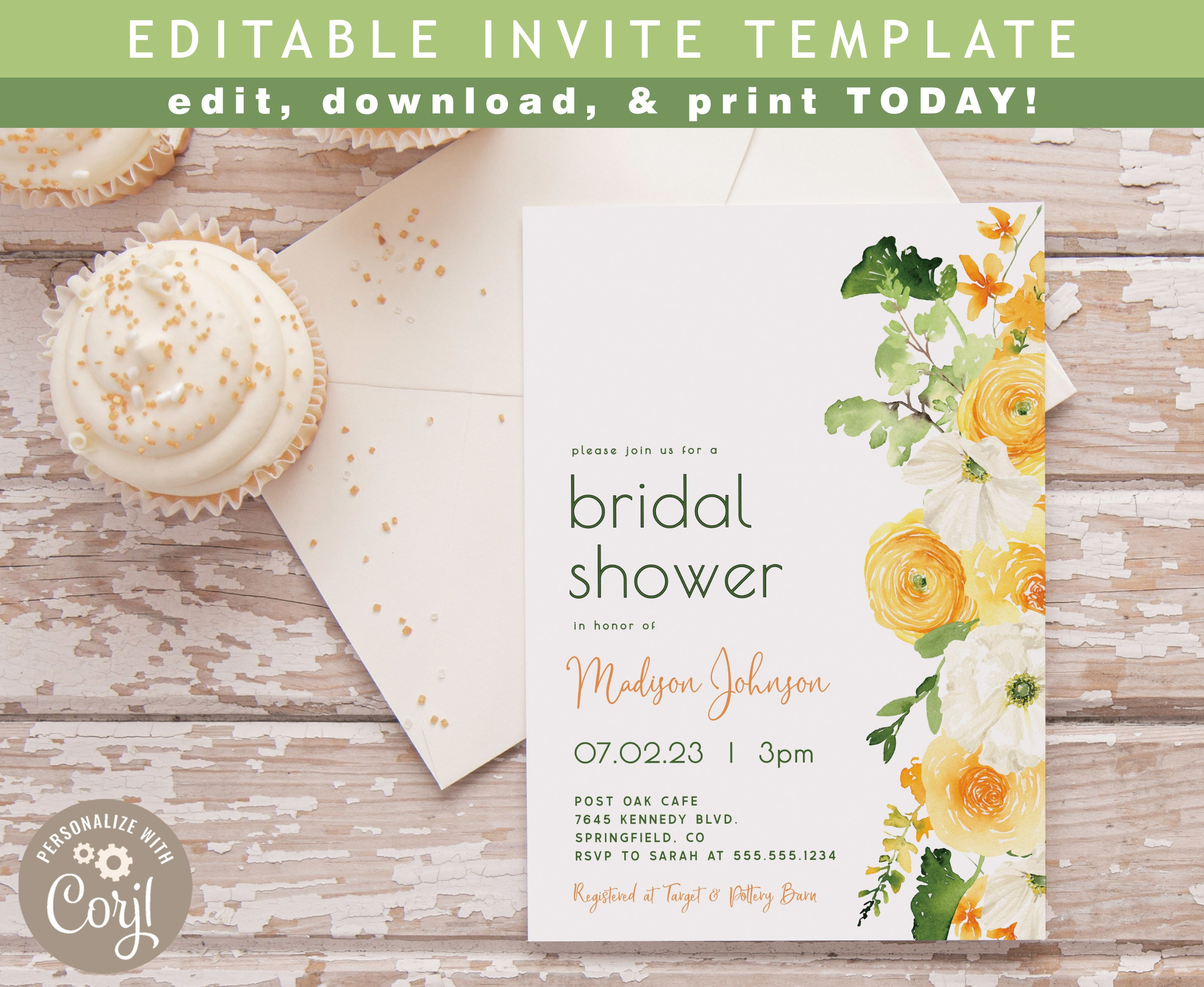 Floral Bridal Shower Invitation: Yellow \u0026 Green, 5x7 (Digital Download), image size:2920x2393