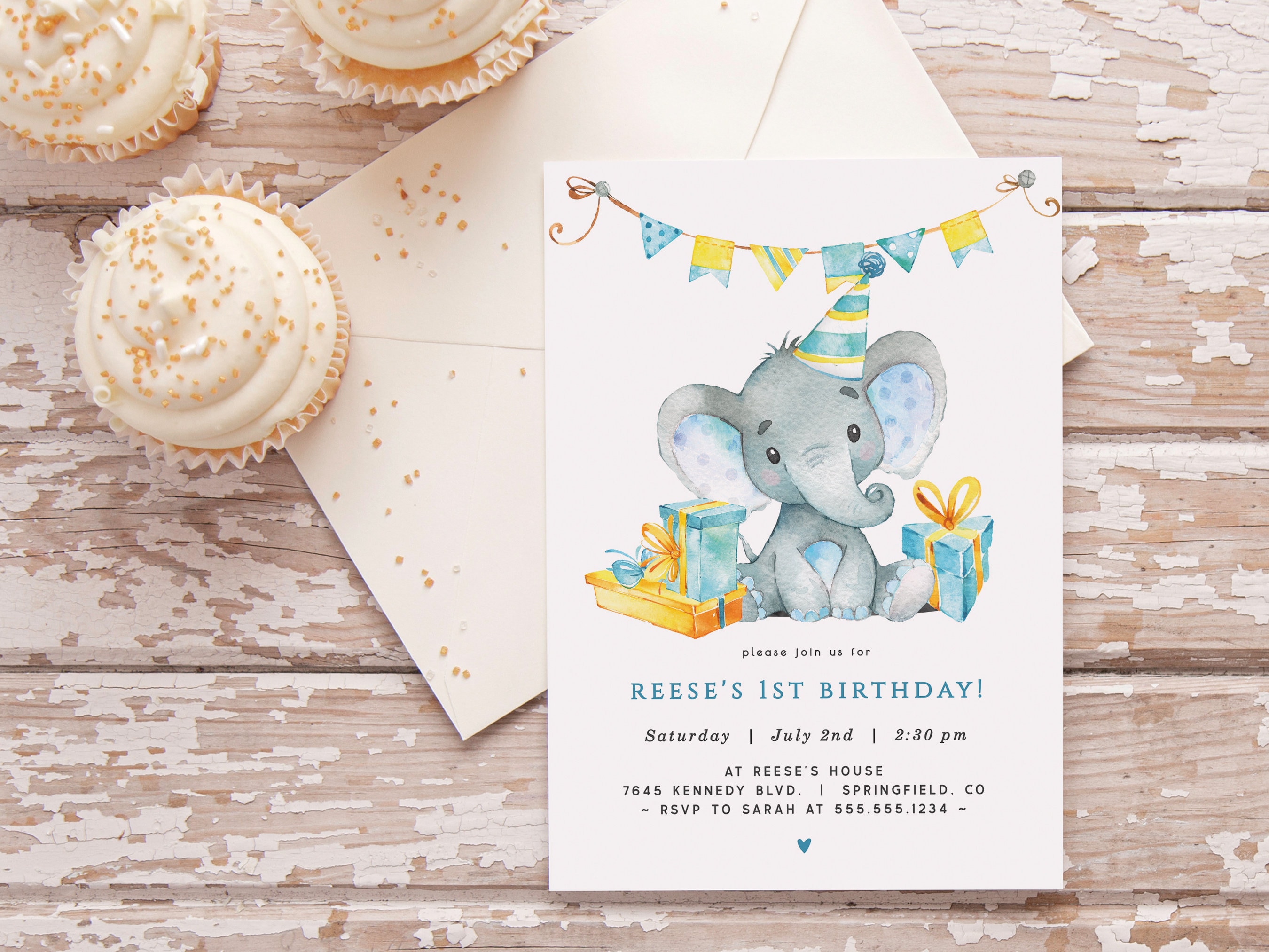 Personalized Elephant 1st Birthday Party Invitations - Set Of 10, Pink Polka Dots, UK Made 10 thumbnail image