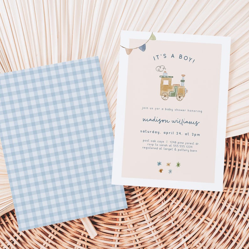May include: A baby shower invitation with a light blue and white gingham pattern background. The invitation features a cartoon train with a banner that reads "It's a Boy!" and the text "Join us for a baby shower honoring Madison Williams, Saturday, April 24, at 2pm. Post Oak Cafe, 1248 Pine Forest Dr. RSVP to Sarah at 555-555-1234. Registered at Target & Pottery Barn."