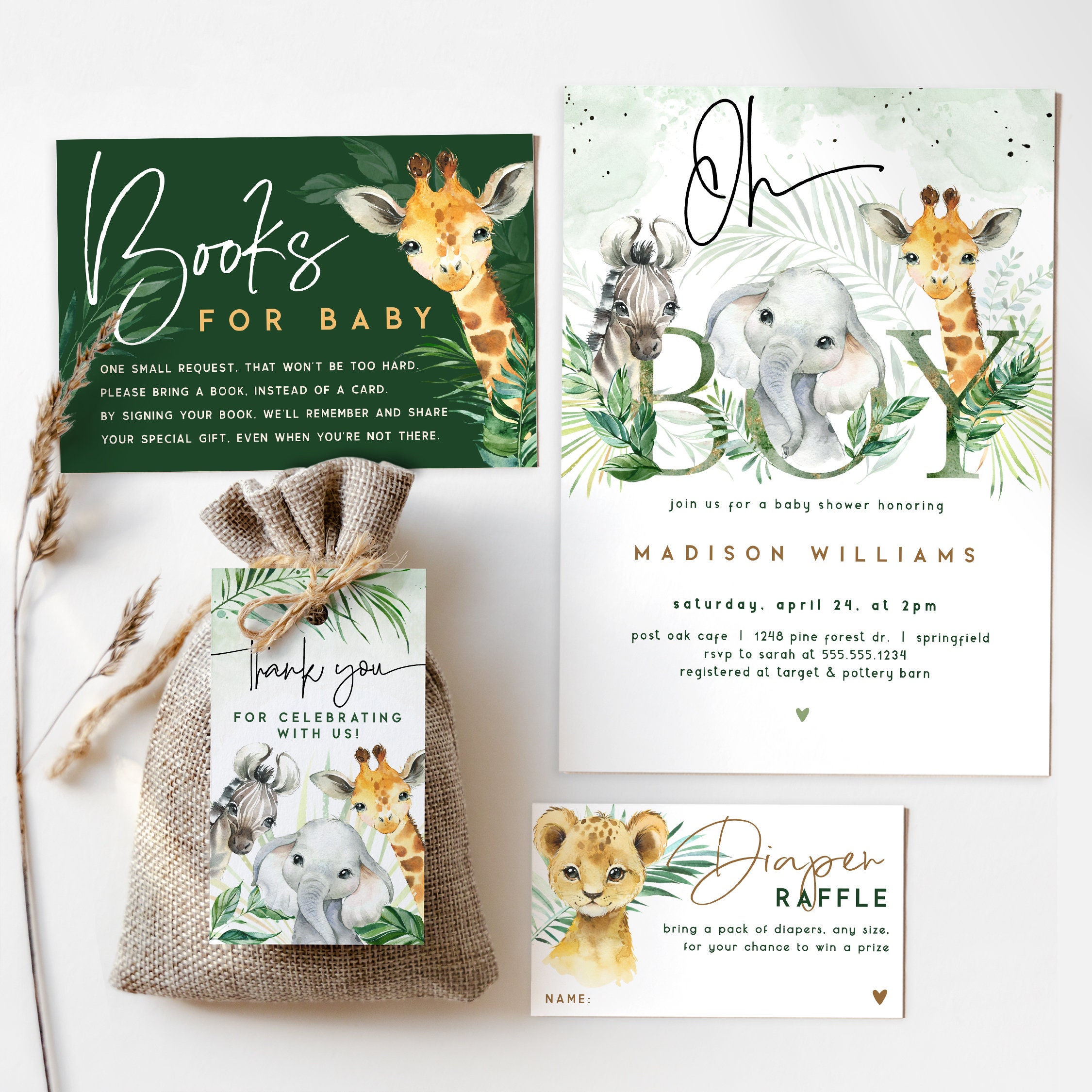 Safari Jungle Baby Shower Invitations (20 Count) - Gender Neutral, 5x7 Double Sided Cards With Green Envelopes For Boys, Girls, Or Twins