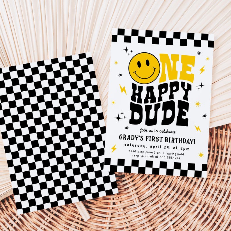 One happy dude invite with black and white checkered pattern back