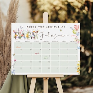 May include: A white printable baby shower game with a floral design. The game is called "Guess the Arrival of Baby Johnson" and features a calendar with the months of March and April.