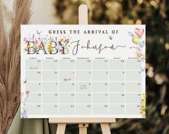 Può includere: Un gioco di baby shower stampabile bianco con un design floreale. Il gioco si chiama "Indovina l'arrivo di Baby Johnson" e presenta un calendario con i mesi di marzo e aprile.
