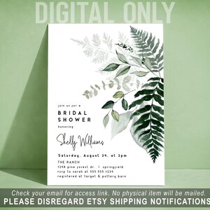 Bridal Shower Invitation Template, Ferns Theme Digital Invite or Printed DIGITAL invite only