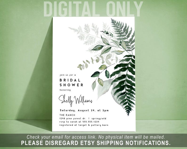 Bridal Shower Invitation Template, Ferns Theme Digital Invite or Printed DIGITAL invite only