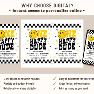 May include: Digital birthday party invitations with a yellow smiley face and the text "ONE HAPPY DUDE." The invitations are black and white checkered and include event details. A smartphone displays the invitation design.