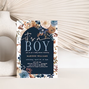Babypartyeinladung Junge, Marine, Staubblau und Braun Boho einladen, bearbeitbare Vorlage DIGITALER Dateidownload, Corjl