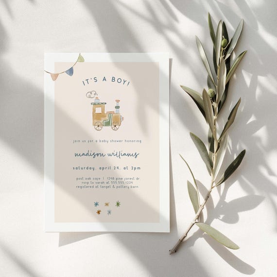 Boy Baby Shower Invitation Train, Editable Template DIGITAL Invite Download, Corjl