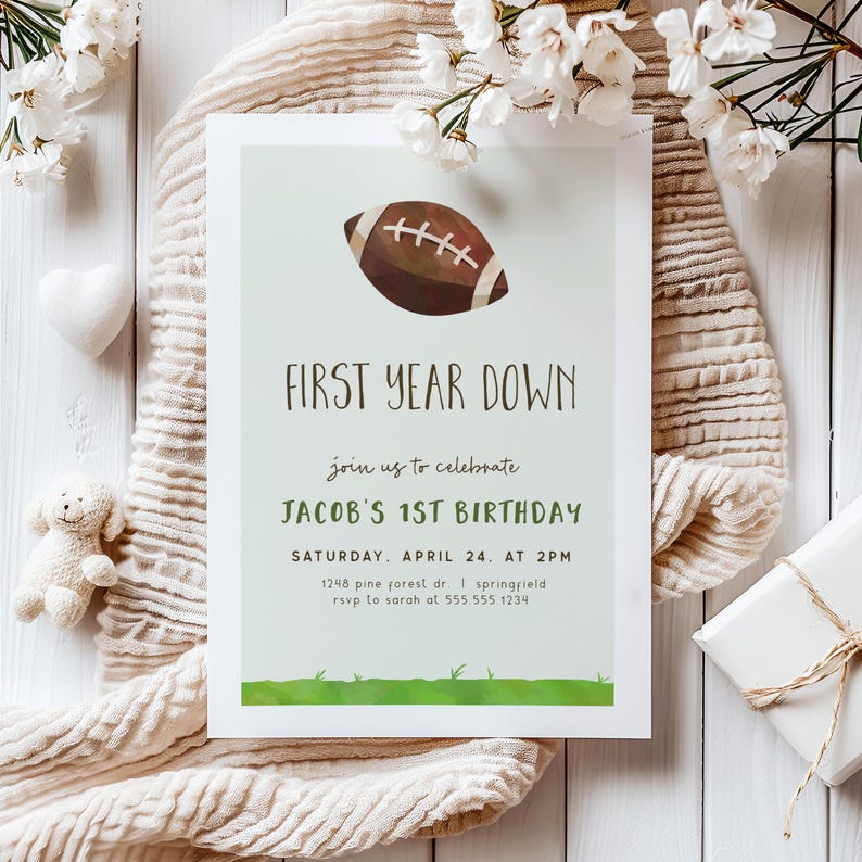 First Year Down Birthday Invitation, Football 1st Birthday Invite ...