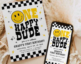 Invitación &quot;Un Chico Feliz&quot;, Invitación para el Primer Cumpleaños de un Niño, Plantilla Editable, Primer Cumpleaños, Descarga Digital, Corjl 1hd