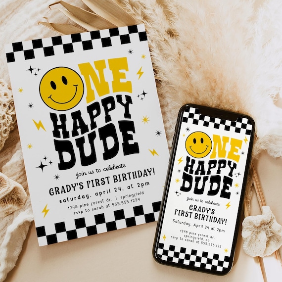 One Happy Dude Invitation, Boy 1st Birthday Invite, Editable Template, Digital Download or Printed
