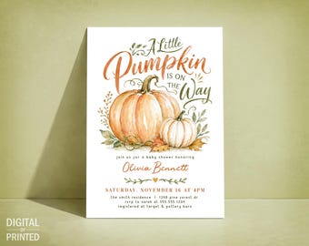 Little Pumpkin Baby Shower Invite, Fall Digital Template or Printed