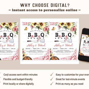 Op de afbeelding: Digitale babyborrel uitnodigingen met een BBQ-thema. Het ontwerp heeft bloemaccenten, vlinders en een rood-wit geblokt patroon. De tekst luidt "Baby Q Shower" en bevat evenementdetails.