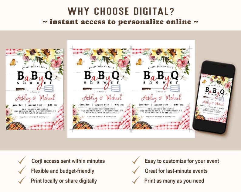 Op de afbeelding: Digitale babyborrel uitnodigingen met een BBQ-thema. Het ontwerp heeft bloemaccenten, vlinders en een rood-wit geblokt patroon. De tekst luidt "Baby Q Shower" en bevat evenementdetails.