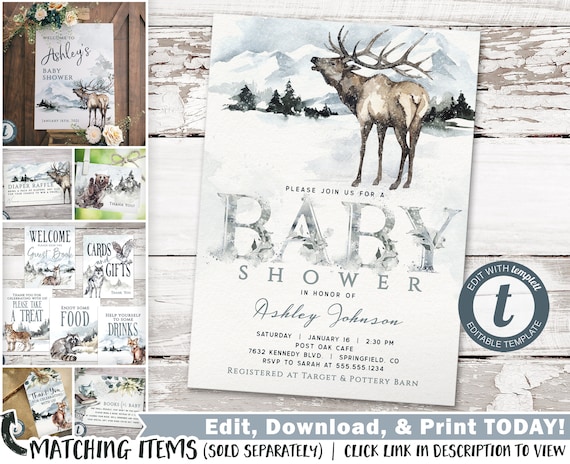Winter Woodland Elk Baby Shower Invitation (Digital File)