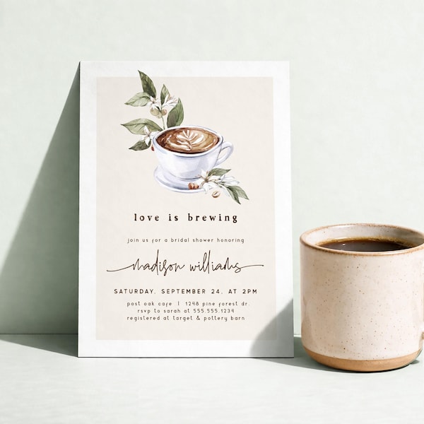 Love is Brewing Bridal Shower Invitation, Coffee Theme Invite, Digital Download or Printed, Corjl