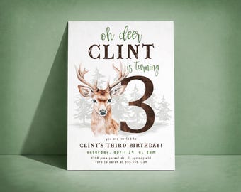 Deer 3rd Birthday Invitation Boy, Hunting Theme Invite, Editable Template, Digital or Printed
