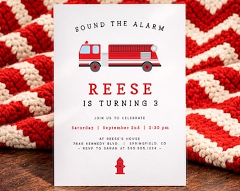 Fire Truck Birthday Invitation Template for Kids, Editable Digital Invite or Printed