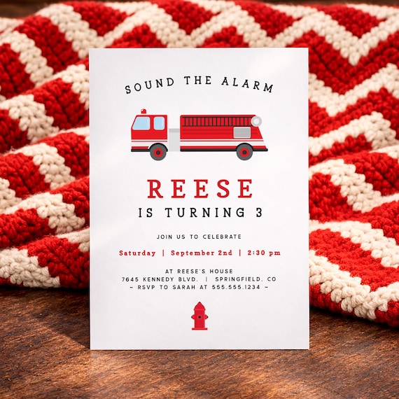 Fire Truck Birthday Invitation Template for Kids, Editable Digital Invite or Printed