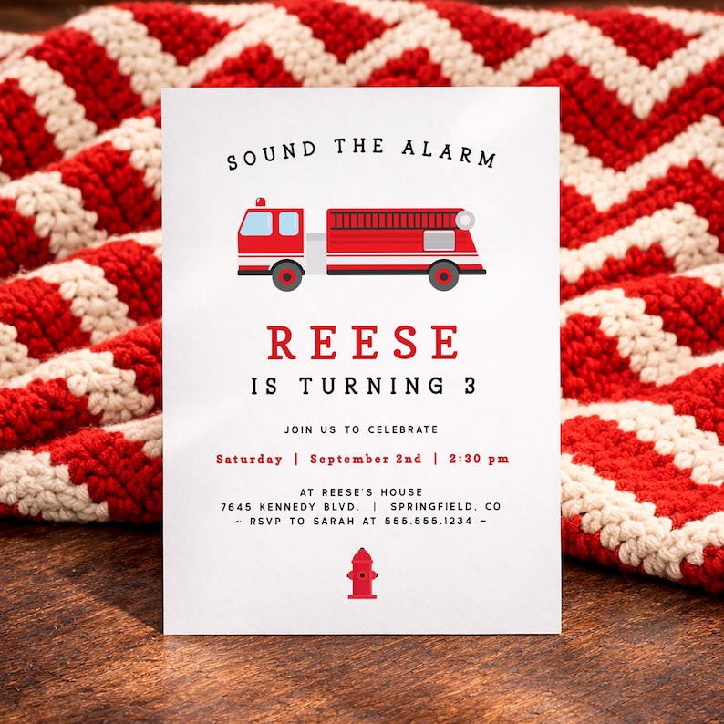 Fire Truck Birthday Invitation Template for Kids, Editable Digital Invite or Printed