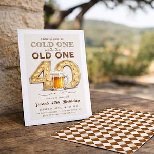 May include: A birthday invitation with the text "Come have a cold one with the old one" and "40" in marquee lights. The invitation also includes the party details: Jason's 40th Birthday, Saturday, April 24, at 2 PM.