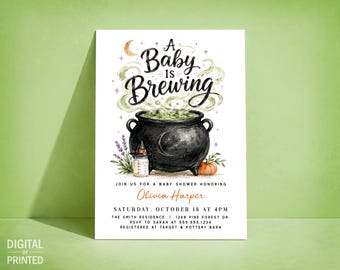 A Baby Is Brewing Halloween Baby Shower Invite, Witch Digital Template or Printed