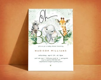 Safari Boy Baby Shower Invite, Jungle Safari Animals, Editable Template Digital Invitation or Printed