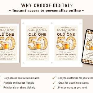 Puede incluir: Invitaci&oacute;n digital para un 50 cumplea&ntilde;os. El dise&ntilde;o presenta el texto "Come have a cold one with the old one" sobre un gran "50" con una jarra de cerveza. La invitaci&oacute;n se muestra en papel y un tel&eacute;fono inteligente.