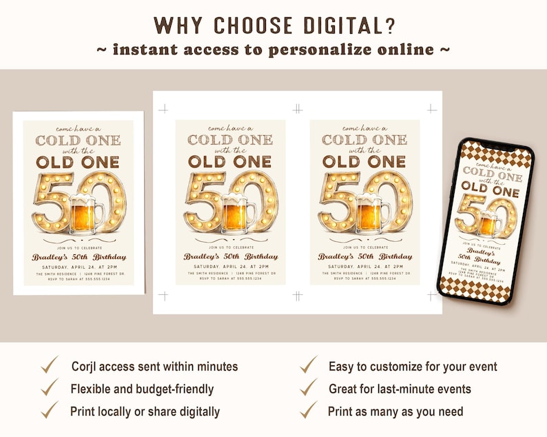 Puede incluir: Invitaci&oacute;n digital para un 50 cumplea&ntilde;os. El dise&ntilde;o presenta el texto "Come have a cold one with the old one" sobre un gran "50" con una jarra de cerveza. La invitaci&oacute;n se muestra en papel y un tel&eacute;fono inteligente.