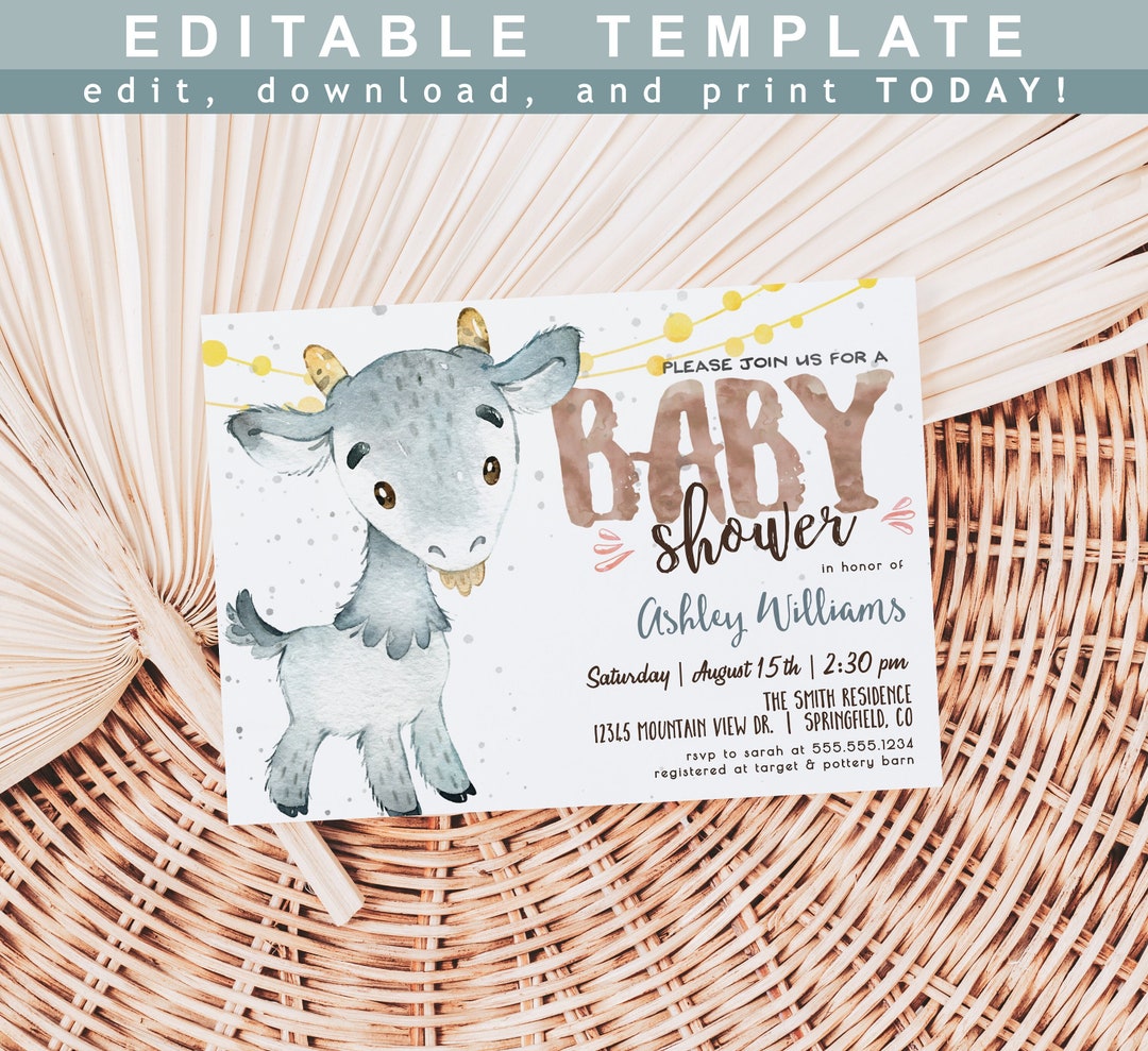 Goat Baby Shower Invitation Farm, Editable Template DOWNLOAD, 5x7