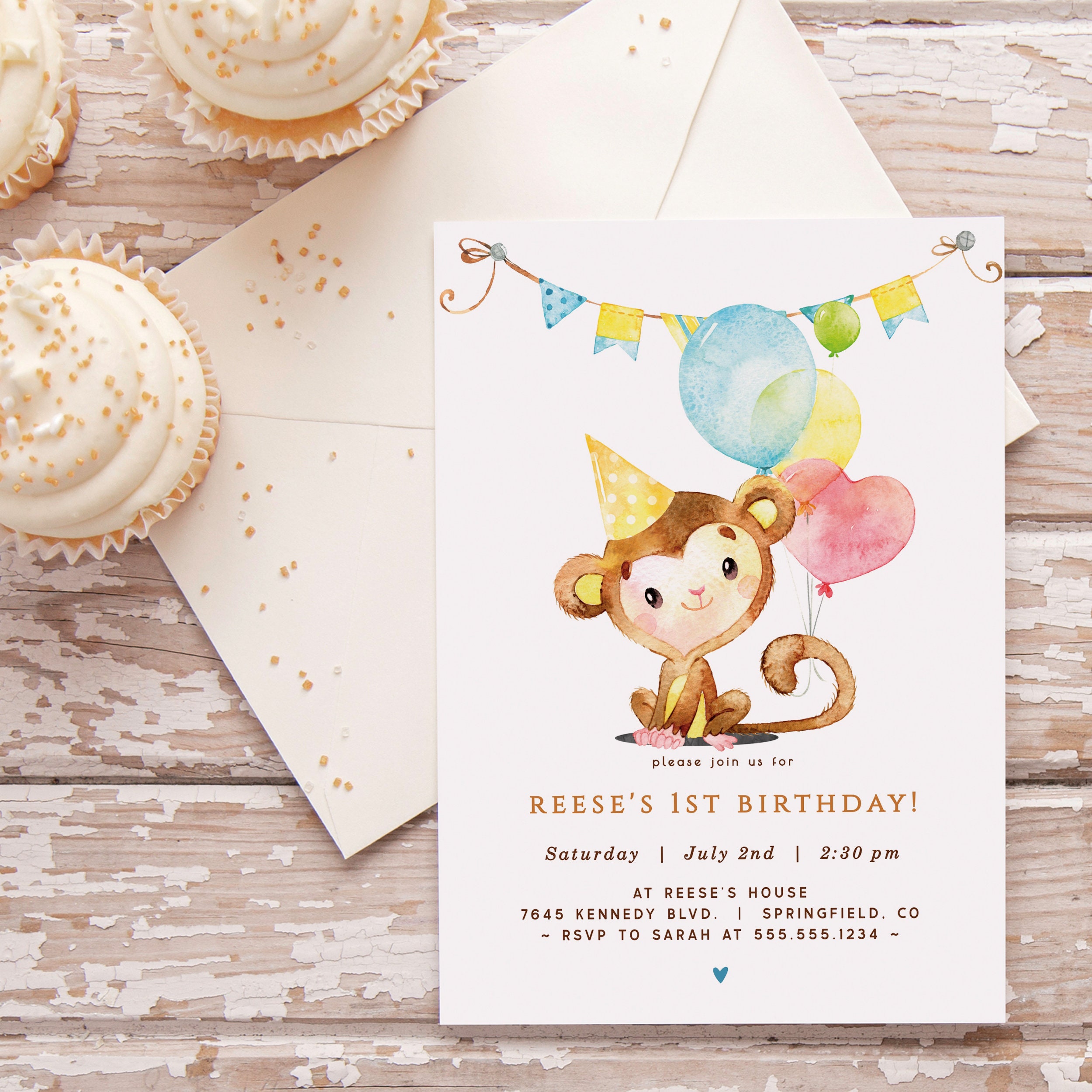 Invitación de cumpleaños de mono, plantilla editable de invitación ...