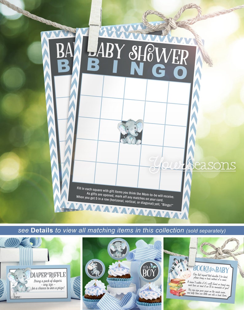 Boy Elephant Baby Shower Bingo Printable Baby Shower - Etsy