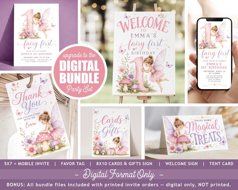 Fairy First Birthday Invitation, Girl Fairytale 1st Birthday Digital Invite or Printed DIGITAL BUNDLE