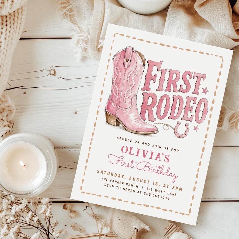 My First Rodeo Birthday Invite, Girl 1st Birthday Cowgirl Western ...