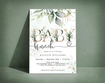 Baby Shower Brunch Invitation Template, Sage Green Editable Digital Invite or Printed