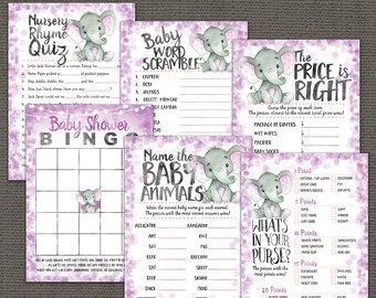May include: A set of baby shower games with a purple and white polka dot background. The games include a nursery rhyme quiz, word scramble, bingo, and "Name the Baby Animals." Each game features a watercolor illustration of a gray elephant.
